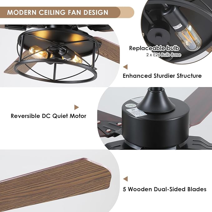 Hounberi 56" Rustic Farmhouse Ceiling Fan with Light and Remote | 5 Dual Finish Blades, 6 Speeds, Reversible DC Motor, Caged Rustic Ceiling Fan for Dining Room, Living Room, Bedroom, Porch