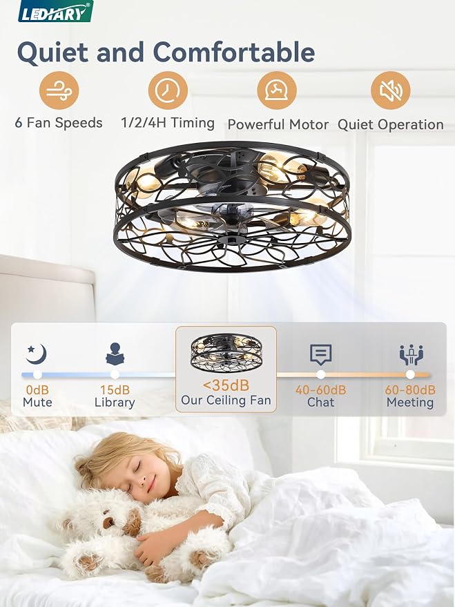 LEDIARY 20 Inch Caged Ceiling Fans with Lights, Black Flush Mount Ceiling Fan with Remote, Low Profile Bladeless Ceiling Fan Light Fixture for Bedroom, Kitchen, Dining Room