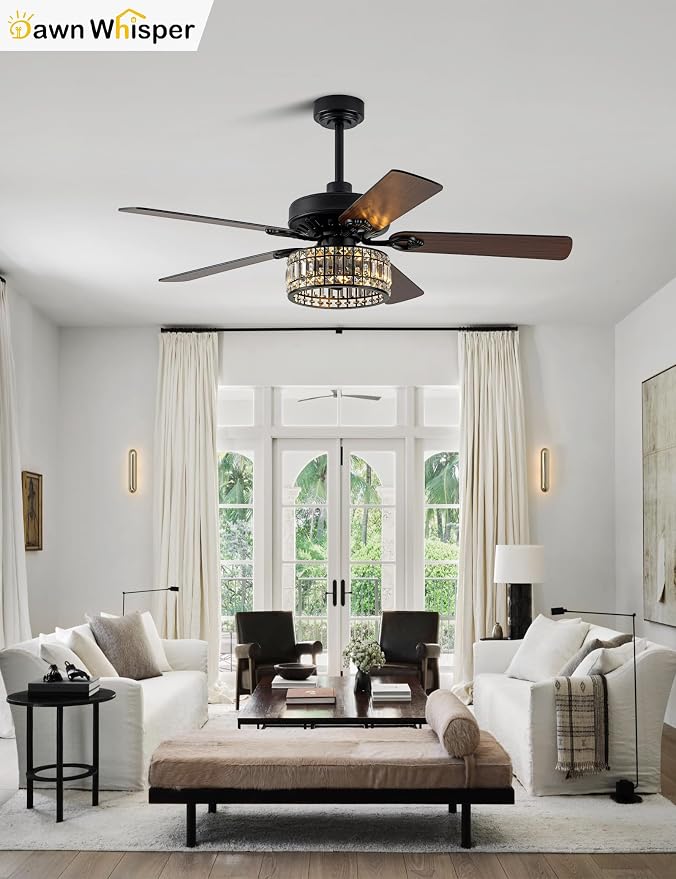 Dawn Whisper 52 Inch Black Crystal Chandelier Ceiling Fans with Lights Modern Farmhouse Vintage Ceiling Fans for Living Room Bedroom Quiet Reversible DC Motor 6 Speeds 3*E26 Light Bulbs Base
