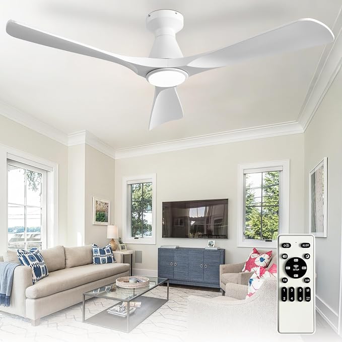 Depuley 52-Inch Ceiling Fans with Lights: White 3 Blade Flush Mount Low Profile Ceiling Fan for Bedroom - Dimmable Indoor Outdoor Fan with Remote Control Ultra Quiet DC Motor Timer