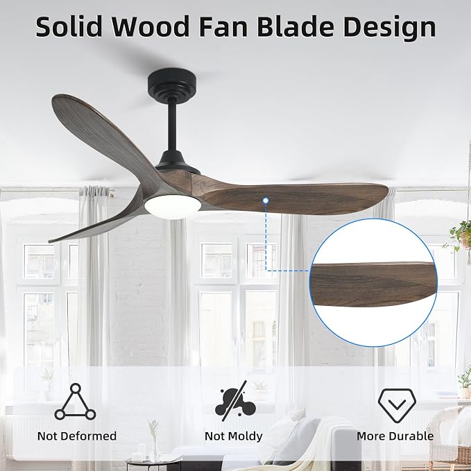 52” Outdoor Ceiling Fan with Light, Compatible with Alexa/Google, 3 Walnut Solid Wood Blade, Noiseless Reversible Dc Motor, Smart Outdoor Wood Ceiling Fan for Farmhouse Patios, Dark Brown