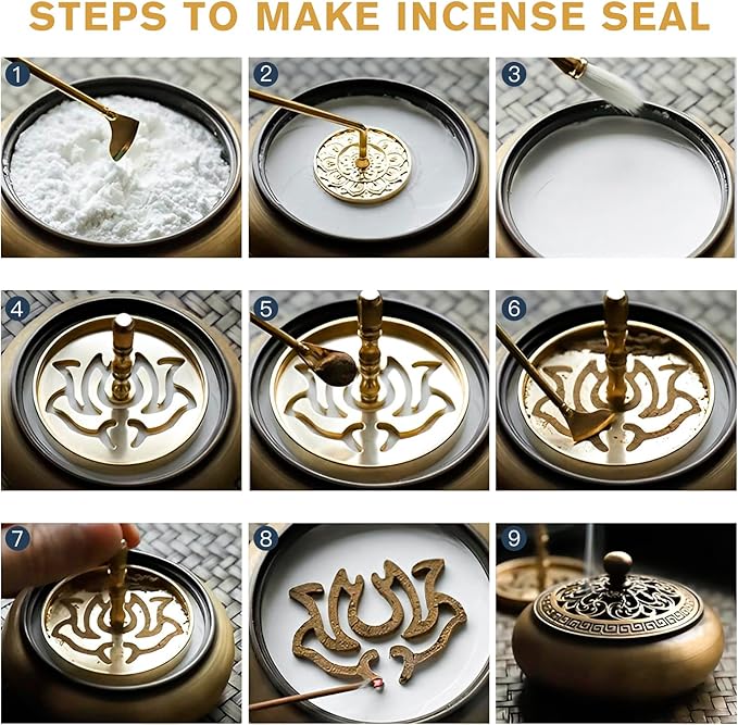 29 Pcs Brass Powder Incense Burner Kit, Incense Making Kit, Incense Powder with Incense Stick Holder(Stick/Cone/Coil Incense) Ash Catcher Tray As Gift for Yoga and Meditation (Glod)