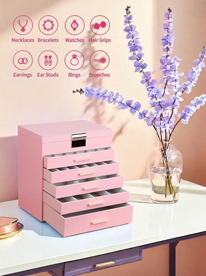 BOOVO Jewelry Boxes for Women, White and Black 6 Layer Large Jewelry Box for Necklace, Bracelet, Earrings, Rings Storage, Jewelry holder Organizer for Girls Gift (Pink, 6 layer)
