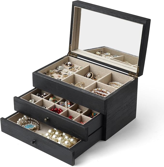 Meangood Jewelry Box Organizer for Women, 3 Layer Large Jewelry Storage Case, Rustic Wooden Jewelry Box with Mirror & Ring Tray for Necklace Earring Bracelets Rings, Vintage Style (Black)