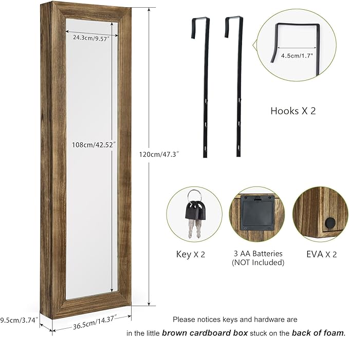 SRIWATANA Jewelry Cabinet with Mirror, Lockable Door, Carbonized Black | Space-Saving Wall & Door Mounted Solid Wood Jewelry Armoire; Large Capacity Organizer with Lockable Door for Jewelry