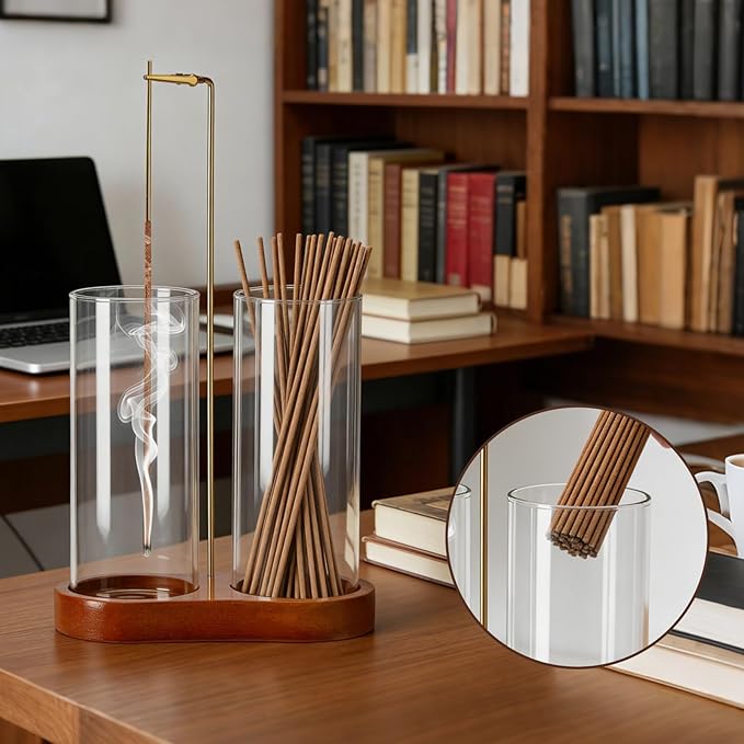 Incense Holder with 2 High Glass Bottle,Wooden Base Incense Stick Holder for Desktop,Incense Burner for Ash Collection,Ash Container (Wood)