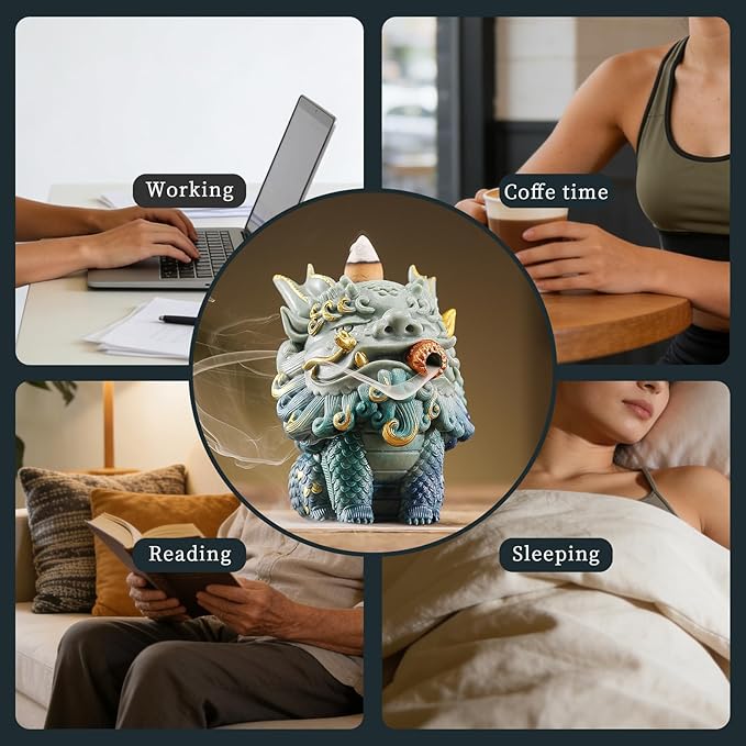 Backflow Incense Burner - Resin Tabletop Incense Holder for Cones, Fortune Dragon Statue Home Decor, Desktop Aromatherapy Ornament with Smoke Waterfall Effect for Living Room