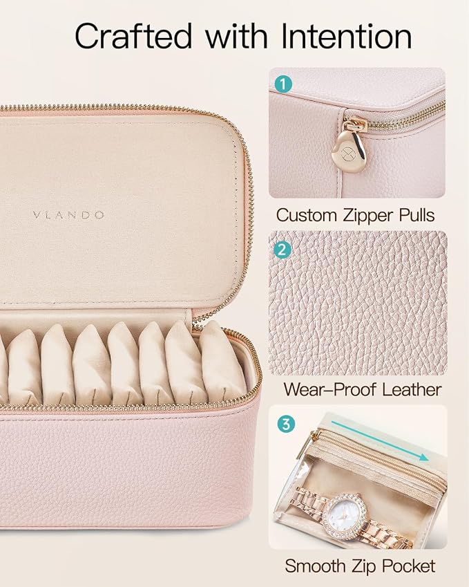 VLANDO Teacher Gifts for Women,Jewelry Box with 12 Velvet Jewelry Bags Travel Jewelry Case for Girls Jewelry Organizer for Travelers Birthday Gift Ideas for Women (Pink)