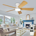 Depuley Modern Ceiling Fan with Light: 42-Inch White Small Fans for Bedroom Indoor Outdoor - Dimmable Low Profile Ceiling Fans with Remote Control Flush Mount 5 Reversible Wood Blades 6 Speeds Timer