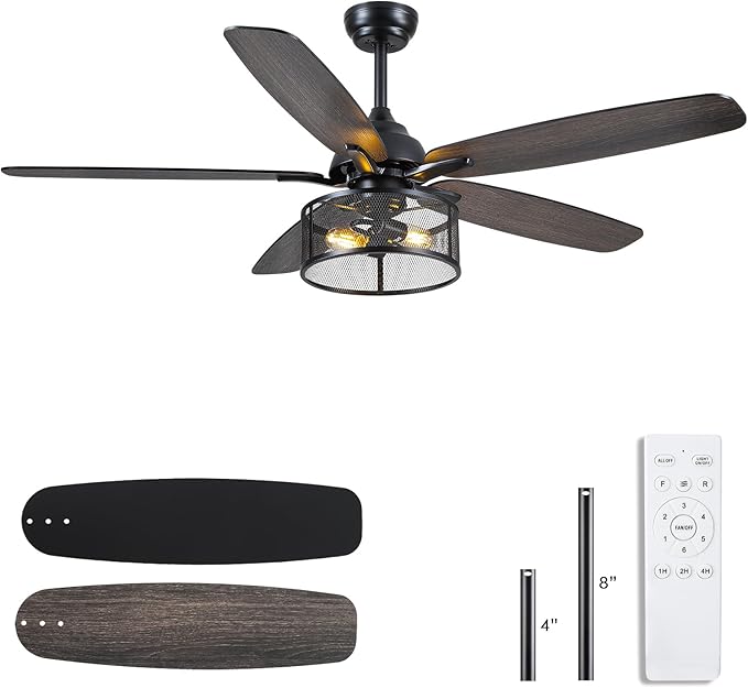 Hounberi 56 Inch Farmhouse Ceiling Fans with Lights and Remote Control | 6-Speed Reversible DC Motor, 5 Double Finish Blades, Black Caged Ceiling Fan with Light for Bedroom, Living Room, Kitchen