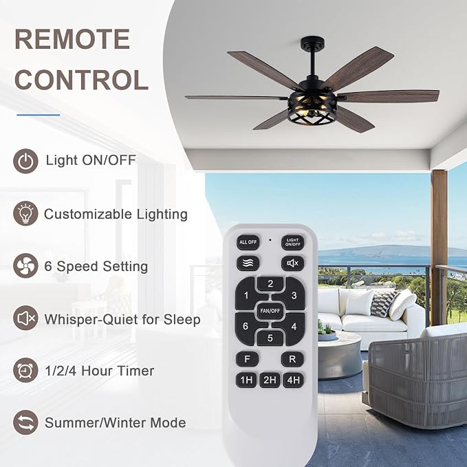Bella Depot 60" Ceiling Fan with Light, Farmhouse Chandelier Ceiling Fan with Lights and Remote, Caged Rustic Indoor Fandelier with Silent Motor for Dining Living Room Bedroom, (bulbs not included)
