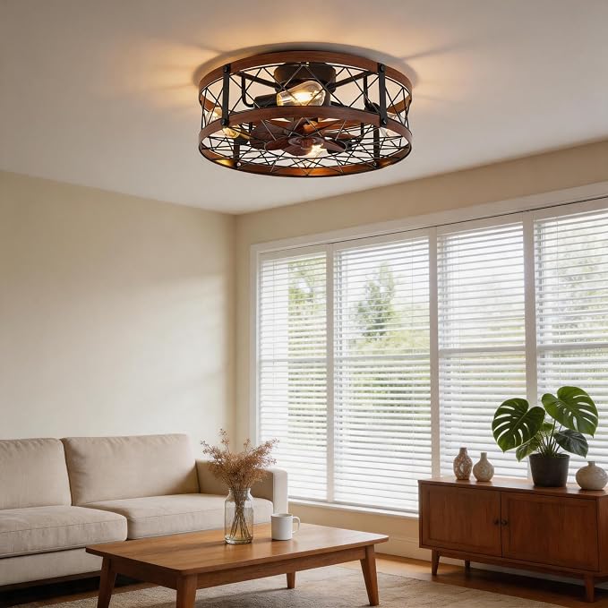 REDSTAR Flush Mount Caged Ceiling Fan with Lights, 20" Small Bladeless Ceiling Fans with Remote, Rustic Low Profile Ceiling Fans Quiet Reversible Enclosed Farmhouse Ceiling Fan for Bedroom Kitchen