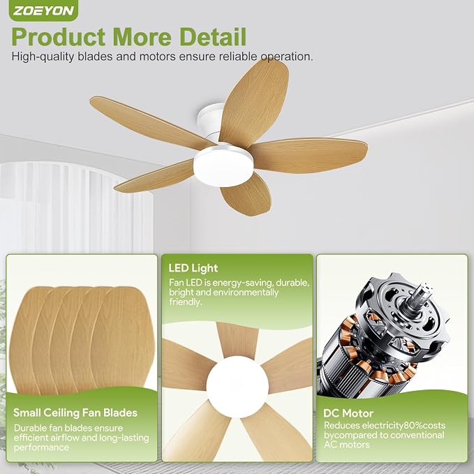 Small Ceiling Fan with Light - 35 Inch Flush Mount Ceiling Fan with Lights and Remote, Low Profile Ceiling Fans with 5 Reversible Blades, 6 Wind Speeds, White&Wood Ceiling Fans for Bedroom
