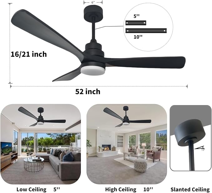 52-inch solid wood ceiling fan with light, black ceiling fan with light and remote control, 2 downrods, reversible DC motor, 3 blades, suitable for indoor, outdoor, rooms and living rooms