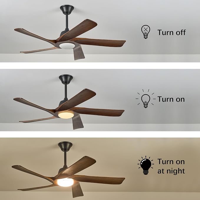 52" DC Ceiling Fan with Light, 5 Solid Wood Blades, Remote and APP Control, 3-color Dimmable, 6-speed Reversible, Quiet Ceiling Fan for Bedroom, Living Room, Dark Walnut