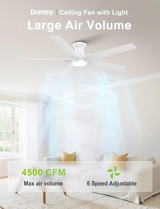 DAMINY 52 inch White Ceiling Fans with Lights,5 Blades,3CCT, Low Profile,Remote Control,for Bedroom, Kitchen,Living Room,Indoor/Outdoor Use,Flush Mount