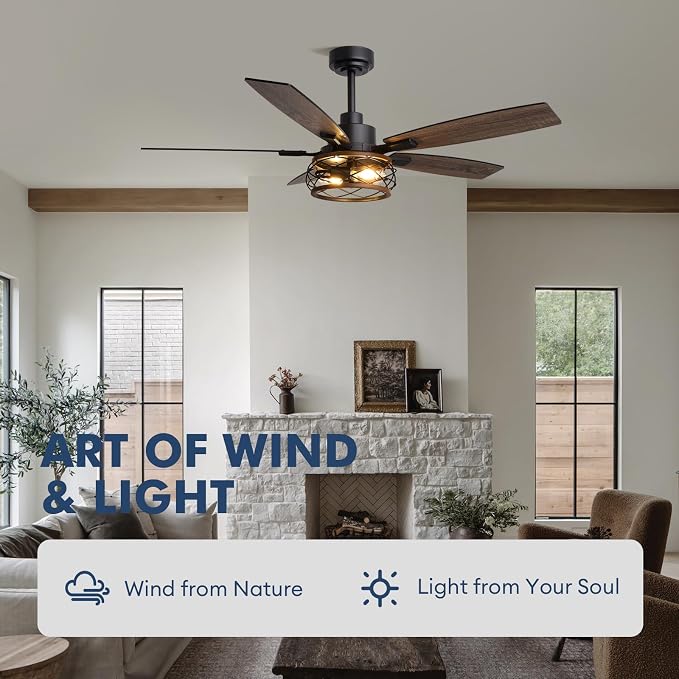 52 Inch Farmhouse Ceiling Fan with Lights and Remote, Dual Finish 5 Blades, 6-Speed Adjustable, Quiet & Reversible DC Motor, Rustic Caged Ceiling Fan for Bedroom Living Room Outdoor Covered Patio