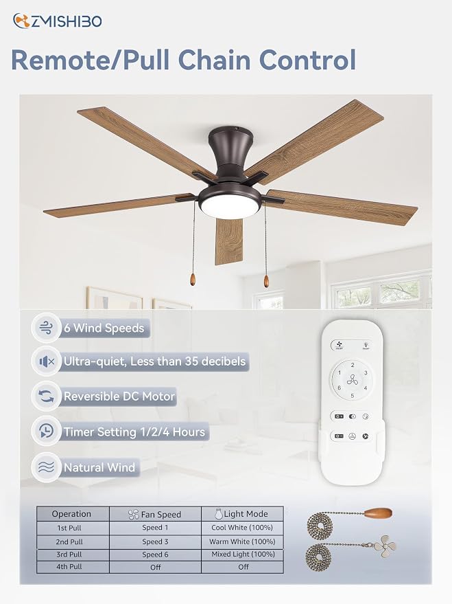 ZMISHIBO Ceiling Fans with Lights, Low Profile Ceiling Fan with Pull Chain and Remote Control, Flush Mount, Reversible, Dimmable, Noiseless, Black Pull Cord Ceiling Fan for Bedroom(60inch Brown)