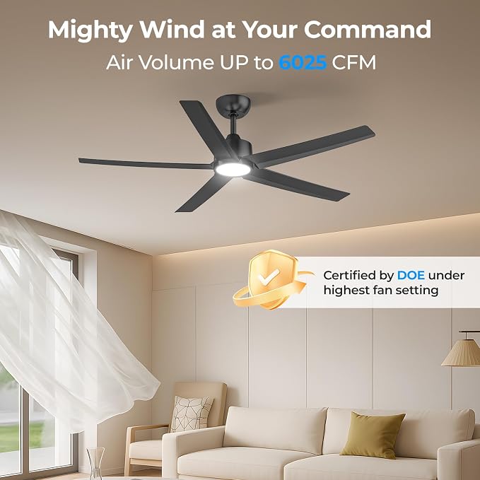 ocioc 52 inch Ceiling Fans with Lights, 2 Pack Black Ceiling Fan with Light and Remote Control, 3CCT, Quiet DC Motor, 5 Blades Modern Ceiling Fan for Living Room Farmhouse Bedroom