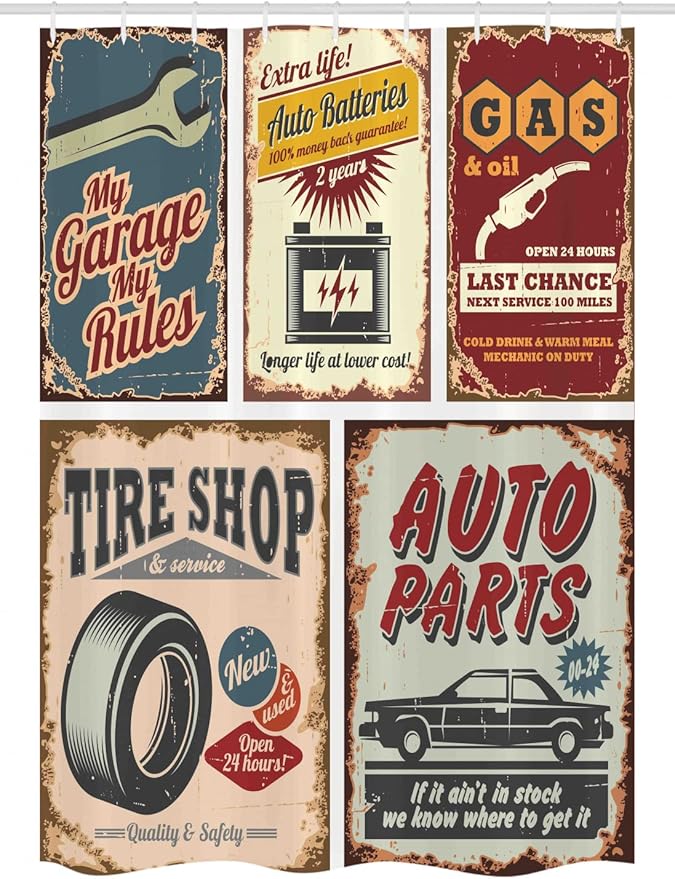 Ambesonne 1950s Stall Shower Curtain, Vintage Car Signs Automobile Advertising Repair Vehicle Garage Classics Servicing, Fabric Bathroom Decor Set with Hooks, 54" W x 78" L, Burgundy