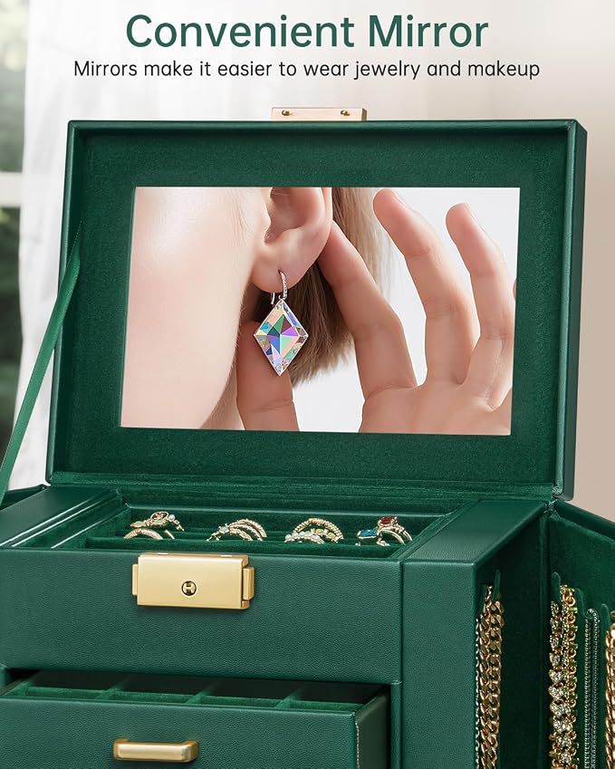 AKOZLIN 4-Tier Jewelry Box Leather Jewelry Storage Organizer with 3 Drawers Lockable for Women Girls Ring Necklace Earring Bracelet Holder with Mirror Forest Green