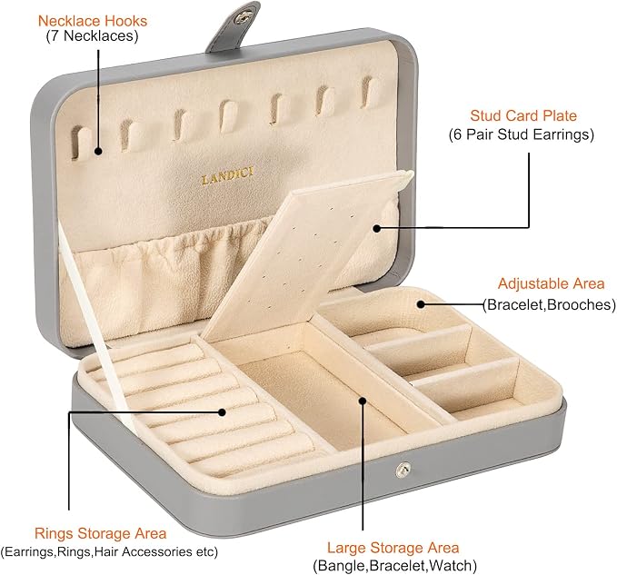 LANDICI Small Jewelry Box for Women Girls, PU Leather Travel Jewelry Case, Portable Jewelry Organizer Storage Holder Display for Ring Earrings Necklace Bracelet Bangle Men Kids Gift, Grey