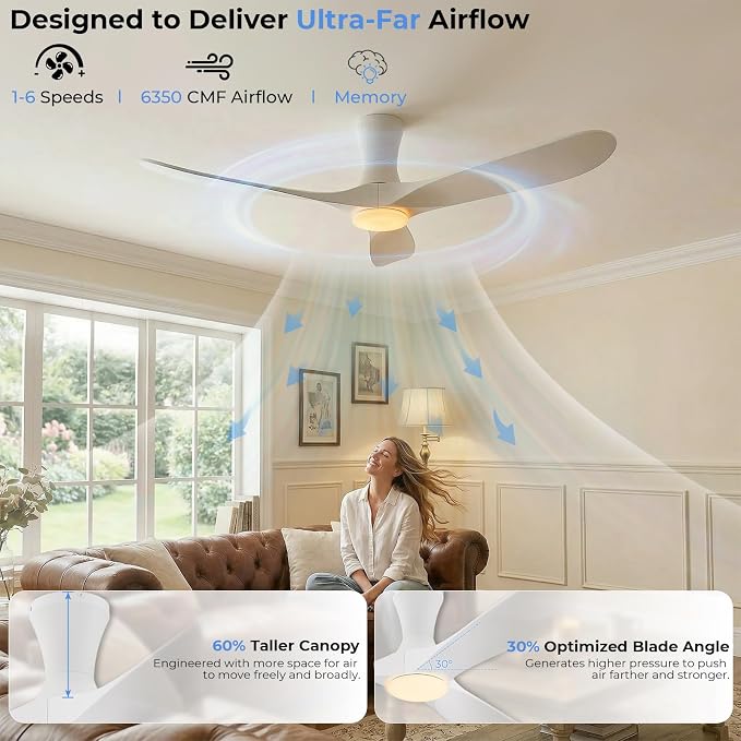 52 inch Smart White Ceiling Fans with Lights, Outdoor Flush Mount Low Profile Ceiling Fan with WIFI Alexa and App Remote Control, Quiet DC Motor, 3 Blades Wood Modern ceiling fan for Bedroom Patio