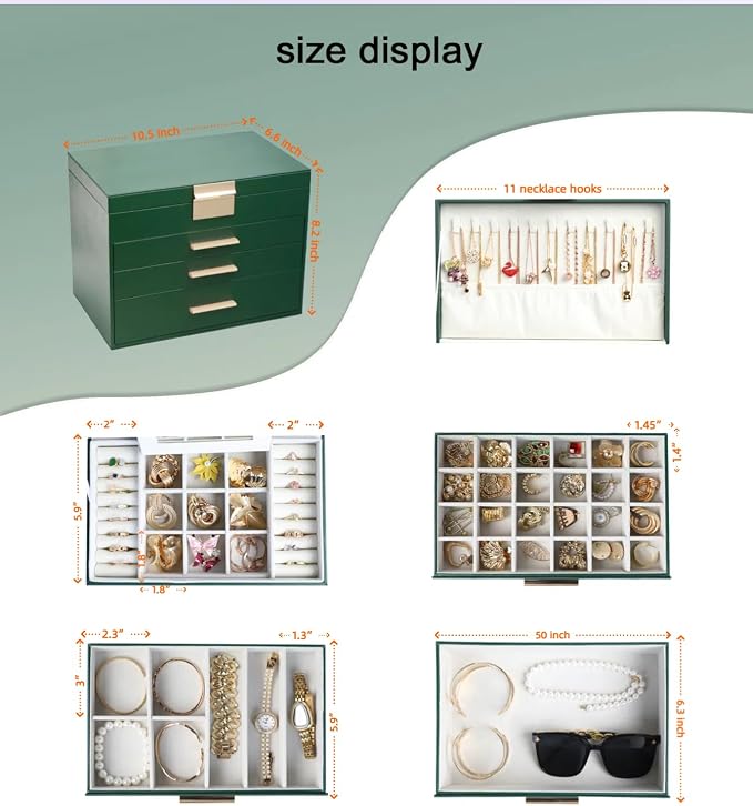 BOOVO Jewelry Boxes for Women, White and Black 6 Layer Large Jewelry Box for Necklace, Bracelet, Earrings, Rings Storage, Jewelry holder Organizer for Girls Gift (Green, 5 Layer)