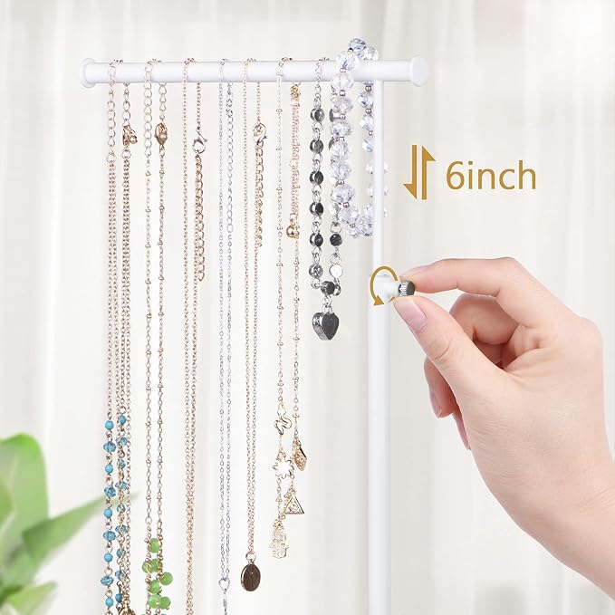 SRIWATANA White Jewelry Organizer Stand, Extra Tall 3-Tier Necklace Holder | Elegant Jewelry Tree with WoodenTray; Ideal to Organize Long Necklaces, Rings, Earrings