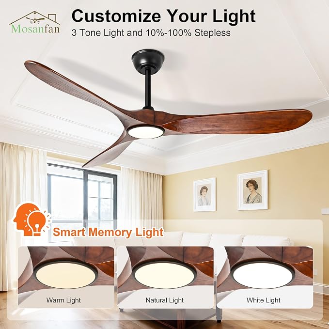 72 Inch Ceiling Fans with Lights and Remote, Wood Outdoor Ceiling Fan with 6 Speed Noiseless DC Motor, Indoor Modern 3 Blade Propeller Ceiling Fan for Bedroom Living Room Gazebo Patio(Walnut)