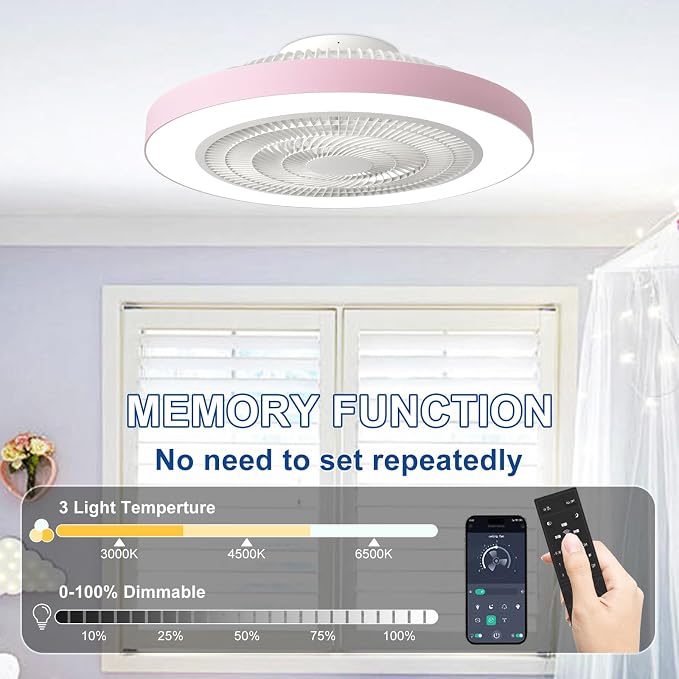 Depuley Bedroom Ceiling Fan with Light: 19" Modern LED Flush Mount Low Profile Ceiling Fans with Remote & Smart APP Control - Pink Enclosed Bladeless Fandelier Dimmable Quiet DC Motor for Kids Room