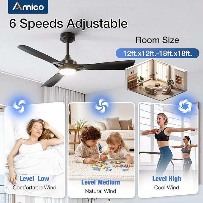 Amico 52 Inch Ceiling Fan with Lights, Modern Black 3-Blade Ceiling Fan with Remote Control, Dimmable LED, 3CCT, Quiet Reversible Motor, Indoor/Outdoor for Patio, Living Room, Bedroom, Kitchen