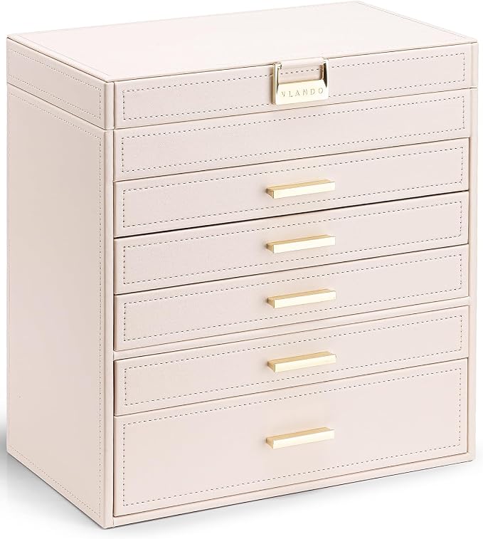 VLANDO 6 Layer Large Jewelry Box - Jewelry Holder Organizer, Jewelry Box Organizer for Drawer Necklace Ring Bracelet and Watch, Birthday Gift for Loved Ones - Pink