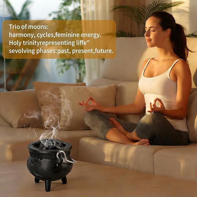 Cast Iron Sacred Incense Holder, Small Three-Legged Cast Iron Pot, Incense Burner, Suitable for Yoga Meditation and Energy Cleansing, Sage Burning, Candle Holder Rituals and Decorations