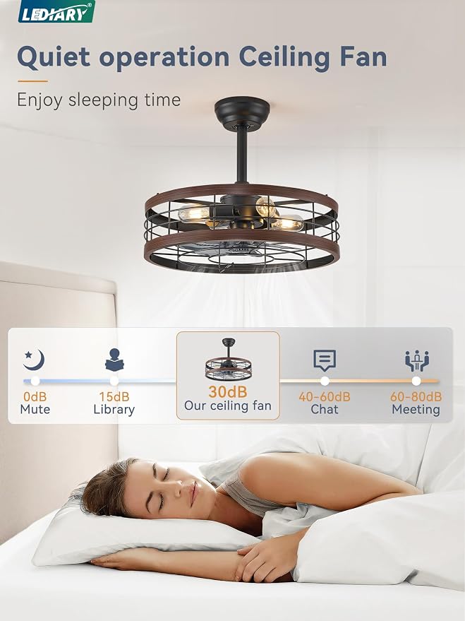 LEDIARY 20 inch Fandelier Caged Ceiling Fan with Light, Bladeless Ceiling Fan with Remote, Farmhouse Fan Lights Ceiling Fixtures for Kitchen, Bedroom, Outdoor(6 Speed, Timing) - Walnut