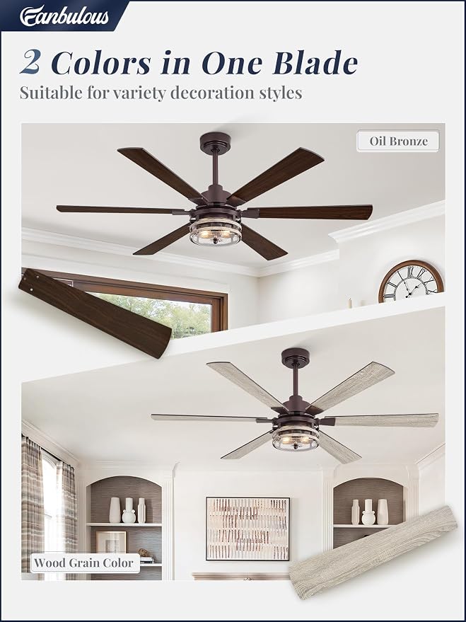 56 Inch Farmhouse Ceiling Fans with Lights and Remote,Industrial Large Ceiling Fan with 6-Speed Reversible DC Motor and 6 Dual Finish Blades,Oil Bronze Ceiling Fan with Light for Living Bedroom Patio