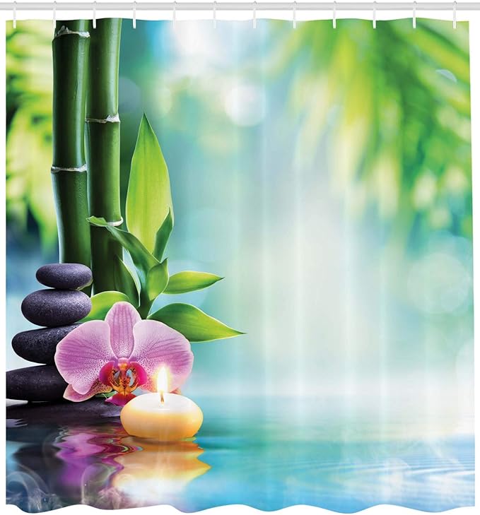Ambesonne Spa Shower Curtain, Symbolic Features Candle and Bamboos Tranquil and Thoughtful Life Nature Print, Cloth Fabric Bathroom Decor Set with Hooks, 69" W x 75" L, Blue Black
