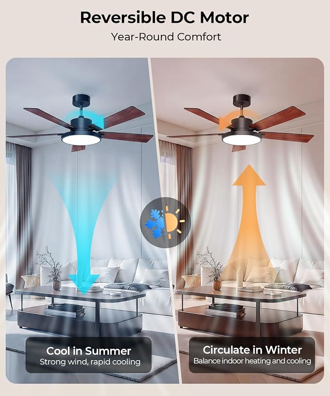 Ceiling Fan with Light, RGBCW Smart 52" Low Profile Ceiling Fan with Light and Remote, Alexa/Google/App Control, Reversible DC Motor, Dimmable, 2500lm, Quiet Fan for Bedroom,Living Room Brown