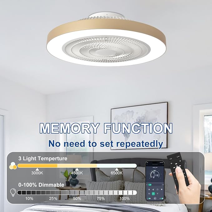 Depuley LED Ceiling Fan with Light: 19" Modern Flush Mount Low Profile Ceiling Fans with Remote & Smart APP Control - Gold Bladeless Fandelier Dimmable Quiet DC Motor for Bedroom Kids Room 6 Speeds