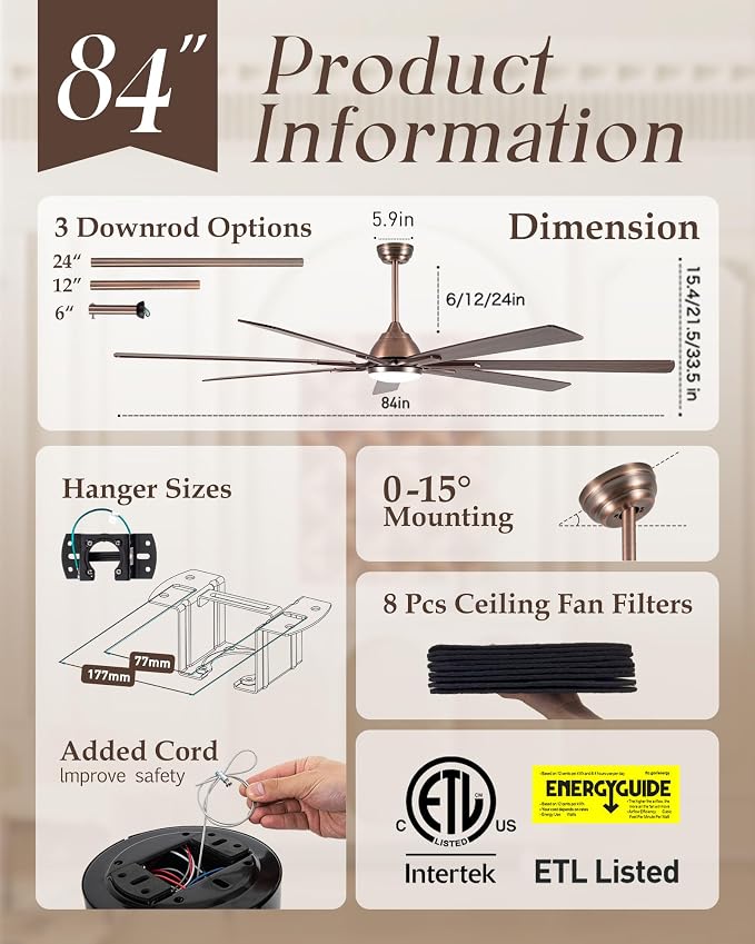 Minislak 84" Oil Rubbed Bronze Smart Ceiling Fan with Lights via WiFi Alexa,6-Speeds Quiet DC Motor,Dimmable,Outdoor Antique Bronze Large Ceiling Fan for Big Living Room,Patio,Dual Finish 7 Blades