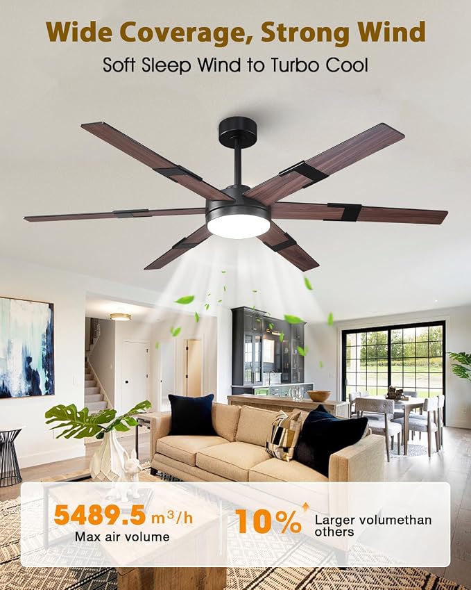 60 Inch Ceiling Fans with Lights and Remote, Modern Large Black Ceiling Fan for Indoor or Covered Outdoor, 3CCT,Reversible DC Motor Dual-Sided Blades High CFM Ceiling Fan for Living Room Garage