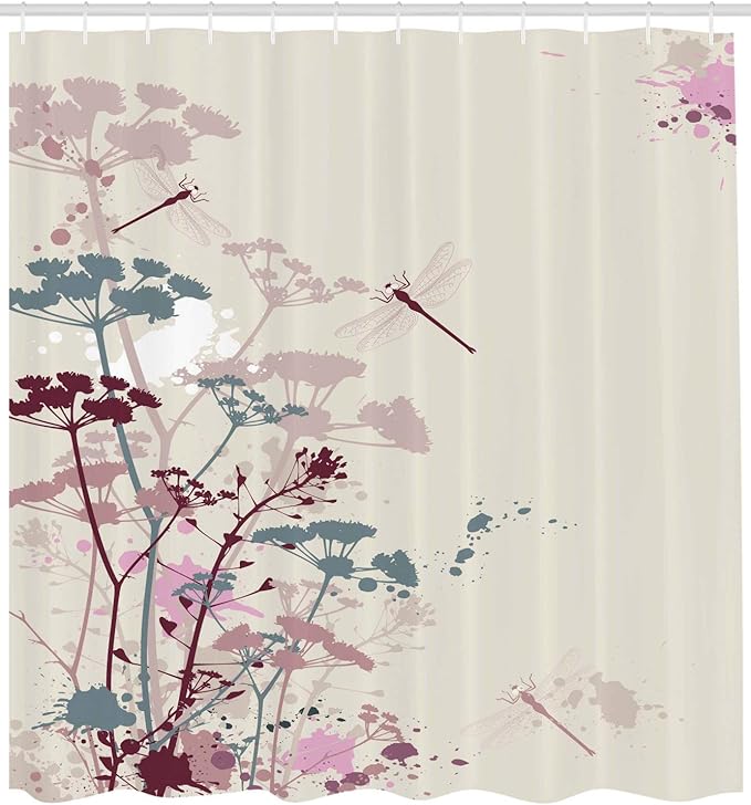 Ambesonne Dragonfly Shower Curtain, Plants Petals with Dragonfly Soft Color Design with Grunge Effects Vintage Style, Cloth Fabric Bathroom Decor Set with Hooks, 69" W x 70" L, Grey Yellow