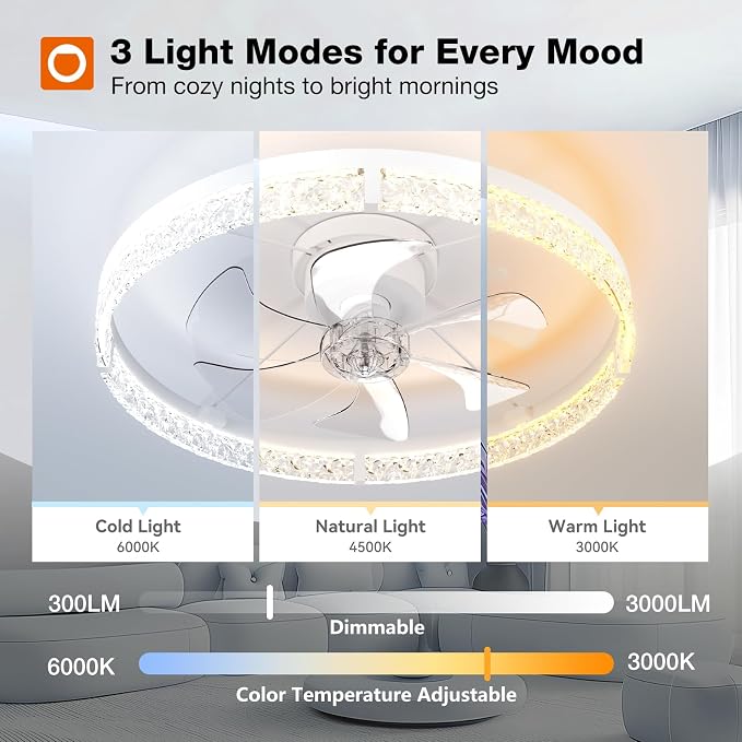 addlon Ceiling Fans with Lights and Remote, 24'' Low Profile Flush Mount Ceiling Fan, 3000–6000K Dimmable LED Fandelier, Bladeless Crystal Fan Light for Bedroom, Kitchen, Living Room, White