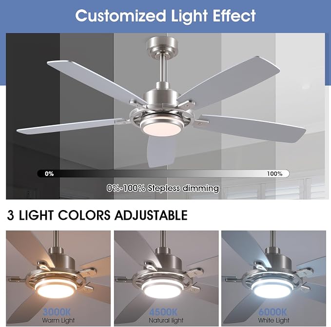 SHIHOT 54" Silver Ceiling Fans with Lights and Remote for Bedroom Kitchen | 6 Wind Speeds, Reversible, Dimmable 3 Light Colors LED Light, 30W Noiseless DC Motor,5 Double-Sided Blades,2H Timer