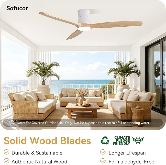 Sofucor 52" Smart Ceiling Fan, Solid Wood Ceiling Fan with Lights and Remote, Flush Mount Ceiling Fan Works with Alexa/Google/App, Dimmable 6-Speed Timing Reversible DC Motor for Bedroom Living Room