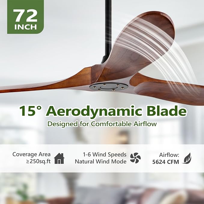 72 Inch Solid Wood Walnut Ceiling Fans No Lights Remote Control, Large Big Outdoor Real Wood Ceiling Fans Without Lights 3 Blades Craftmade Quiet for Patio Farmhouse Living Room Office