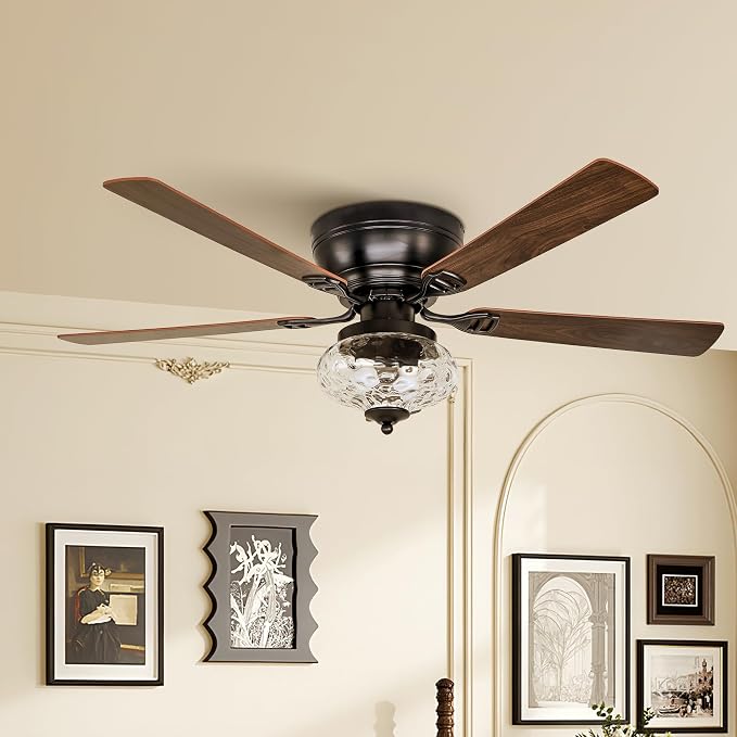 Farmhouse Flush Mount Ceiling Fans with Lights and Remote, 52 Inch 6-Speed Reversible Motor Quiet Ceiling Fan, Low Profile Ceiling Fan with Lights for Living Room Bedroom, Timer