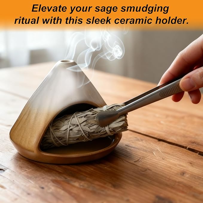 Ceramic Sage Smudging Holder, Pyramid Design Incense Burner with Smoke Outlet, 4.7 x 4.5 x 0.39 Inch, Black and White Glazed Finish (Yellow)