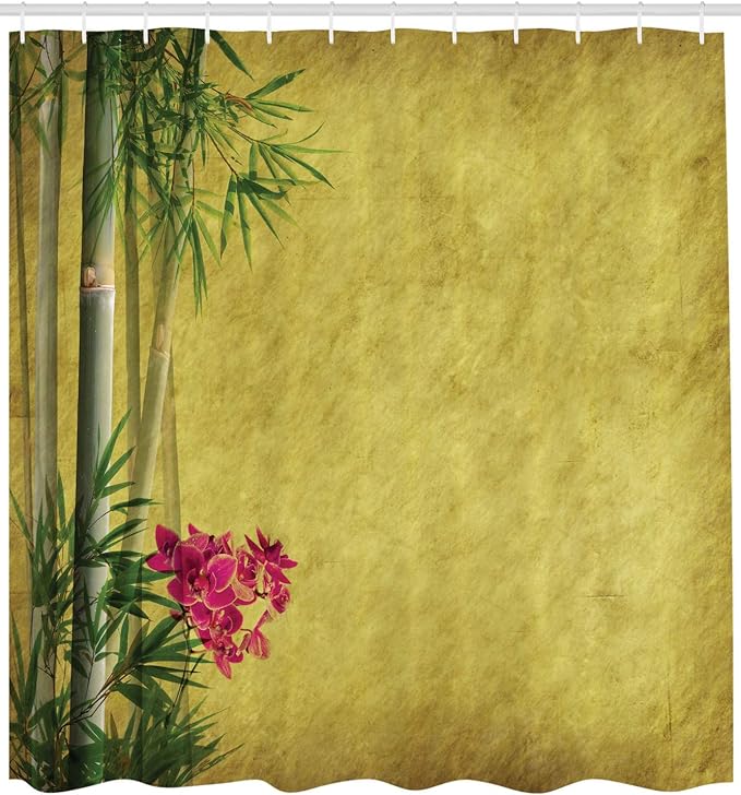 Ambesonne Asian Themed Shower Curtain, Wild Orchides Woodland Leaves on Old Antique Paper Floral Style Art, Cloth Fabric Bathroom Decor Set with Hooks, 69" W x 70" L, Yellow Green and Pink