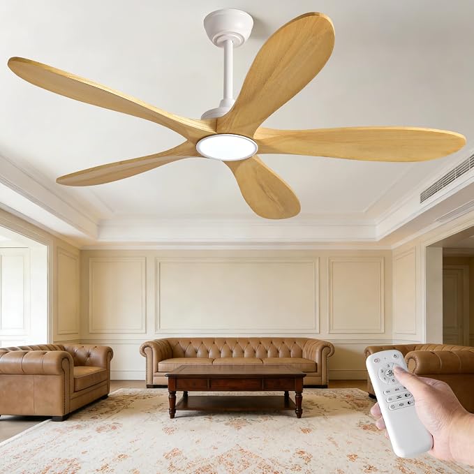 52 Inch White Ceiling Fans with Lights and Remote Control, 5 Blade Natural Wood Ceiling Fan with Light, Modern Indoor Outdoor Ceiling Fan for Patio, Bedroom, Dimmable, Reversible DC Motor